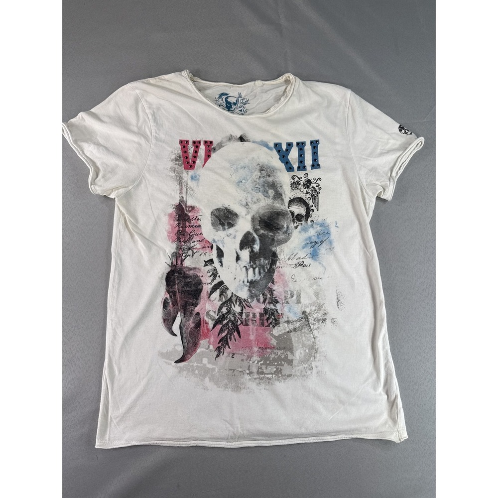 Unbranded Skull Graphic Tee Vintage All Over Print XL White Cotton Short Sleeve